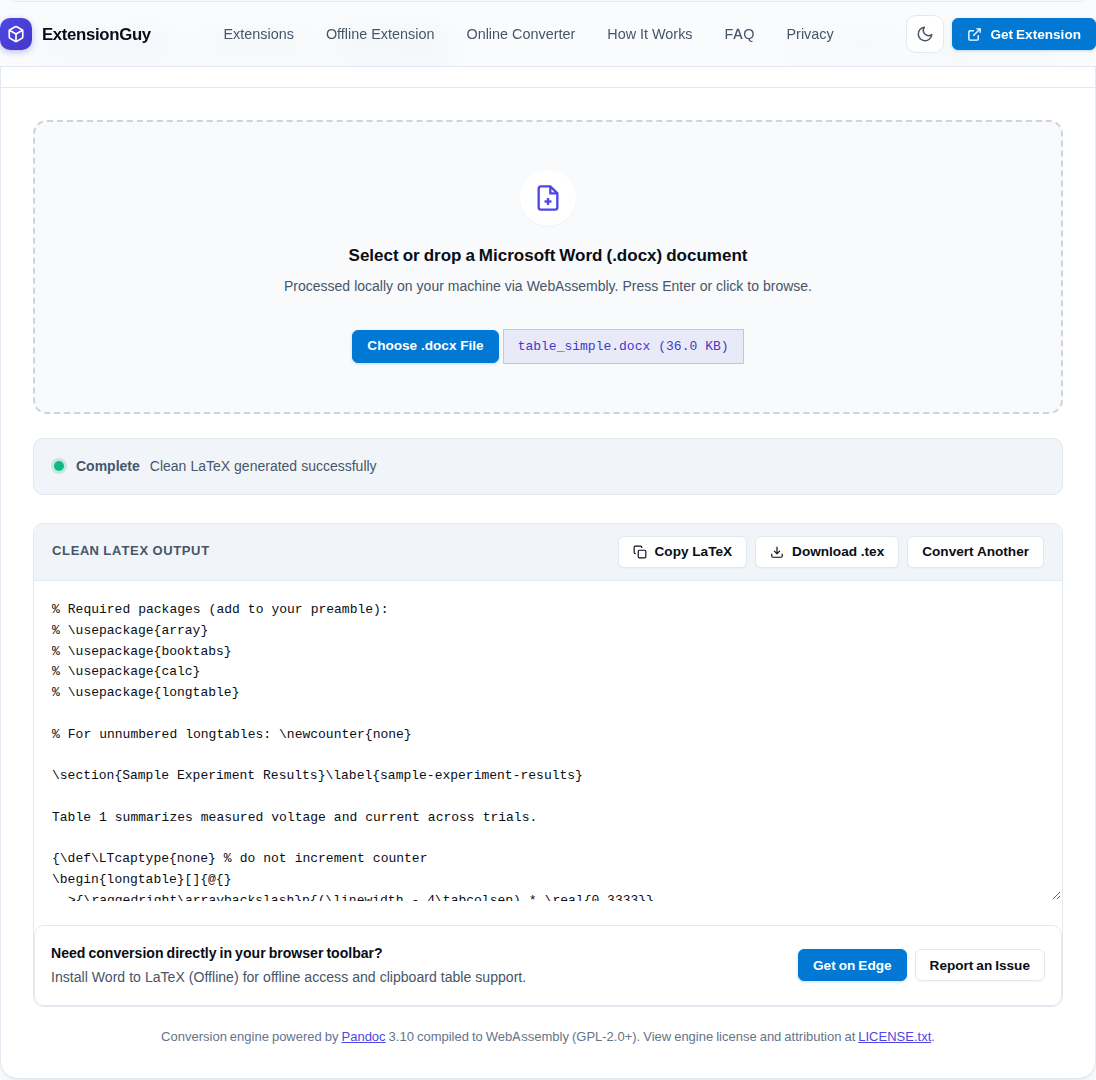 Word to LaTeX browser converter showing generated LaTeX output and download actions