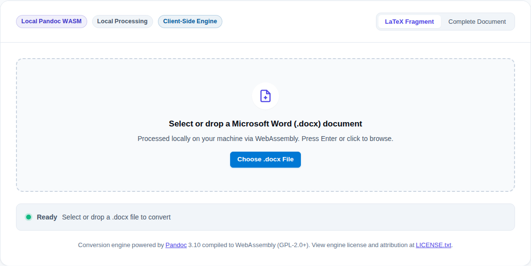 Word to LaTeX browser converter interface showing file upload dropzone and conversion options
