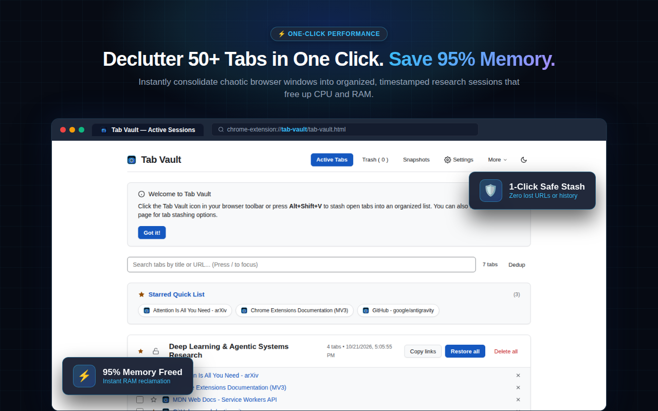 Tab Vault one-click stash interface showing memory reduction and session groups