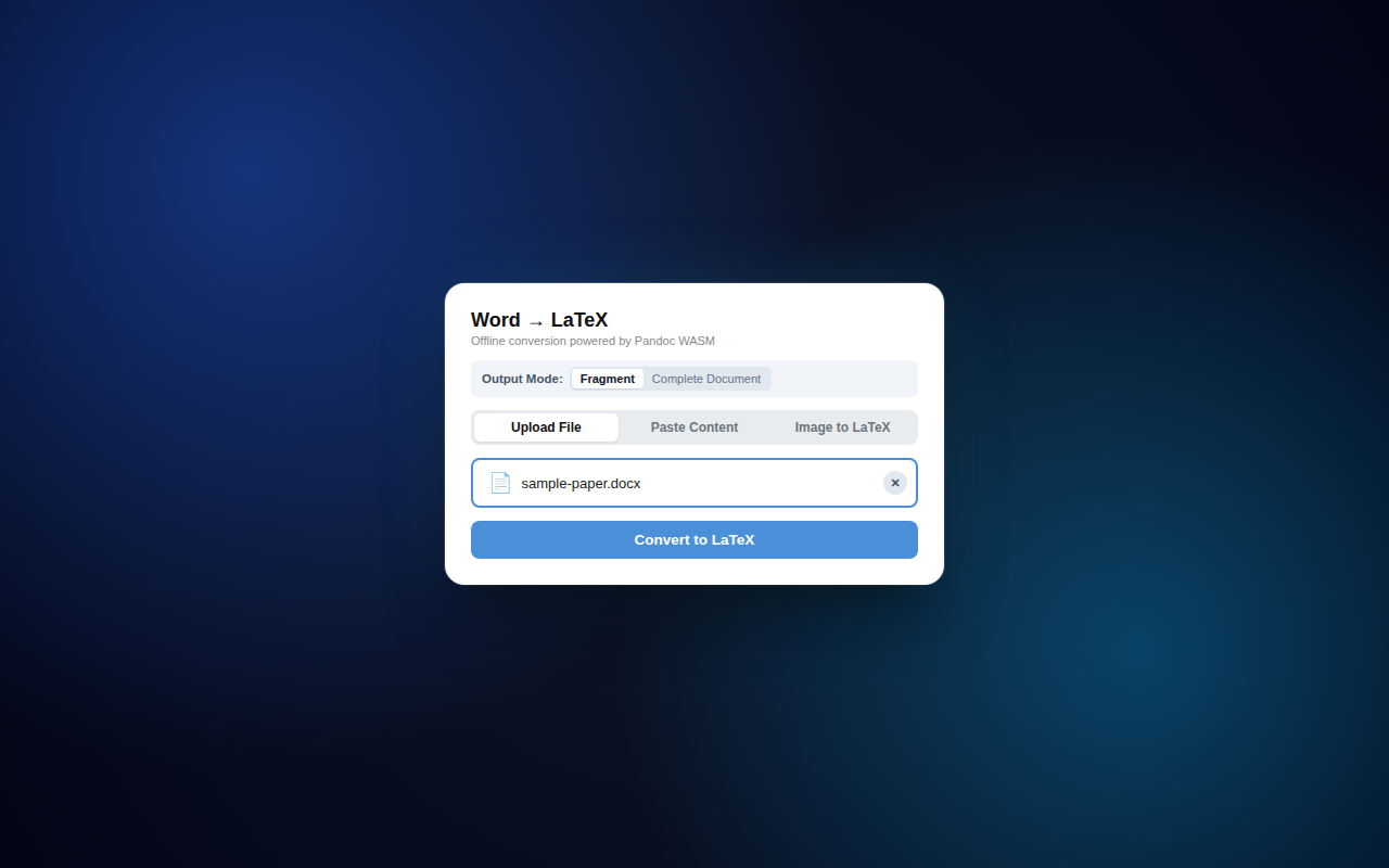 Word to LaTeX local DOCX file upload view