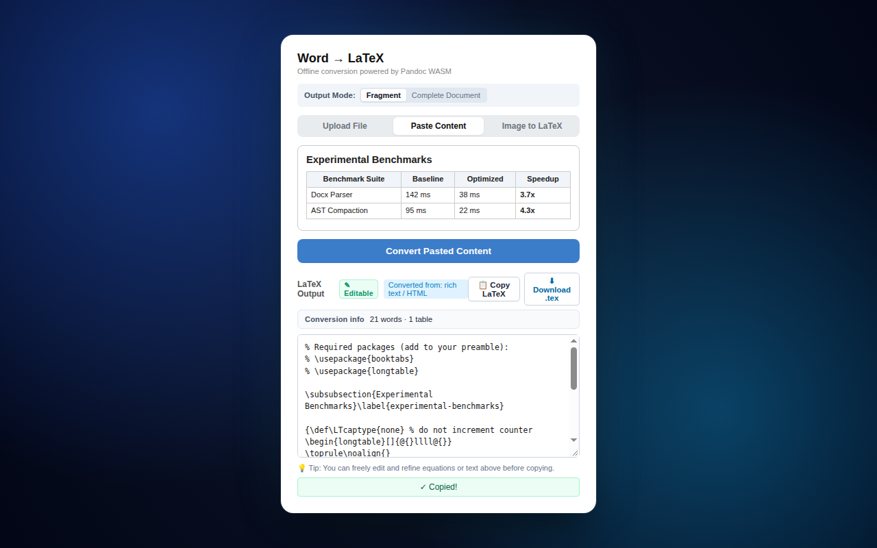 Word to LaTeX pasted table conversion